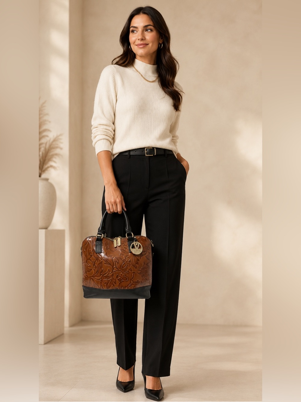 Valentina Italian Leather Cognac Embossed Floral Top Handle Satchel Bag